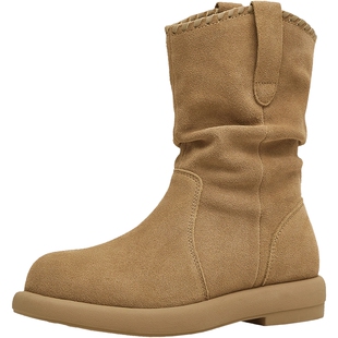 天美意复古黄金V西部靴堆堆靴加绒短靴女鞋子软底时装靴2025新款