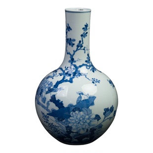 皇窑丨仿清乾隆青花富贵白头天球瓶 景德镇陶瓷