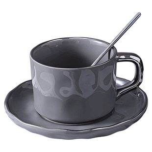 轻奢咖啡杯陶瓷高级感下午茶杯耐高温北欧简约家用银边杯碟带勺子