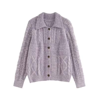 CCKOK混色麻花翻领针织毛衣开衫