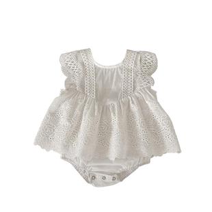 巴梵欧夏款女童宝宝婴儿纯色蕾丝镂空绣花三角哈衣哈裙连身衣爬服