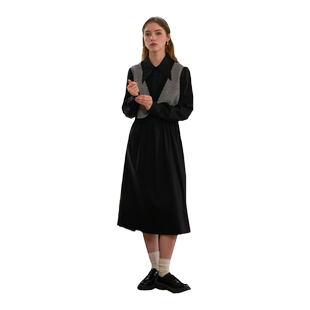 PATAVINITY小香风假两件a字裙女秋季尖领法式气质减龄显瘦连衣裙