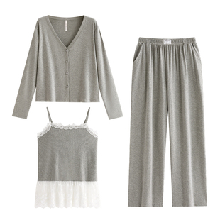 悦内带胸垫睡衣女款春秋季纯棉长袖吊带家居服花边纯欲风三件套装