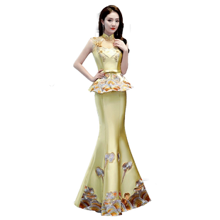 紫缘萱中国风式宴会晚礼服长款黄色刺绣演出服模特走秀主持旗袍女