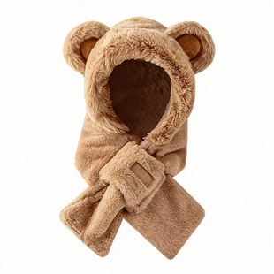 毛绒小熊帽子围巾一体女款2025新款秋冬季手套围脖三件套防寒防风