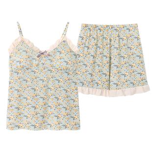 纯棉睡衣女日系复古风碎花夏款性感带胸垫吊带家居服背心短裤套装