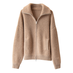 慵懒松弛感 厚实保暖秋冬圈圈毛羊绒+羊毛双拉链翻领针织毛衣外套