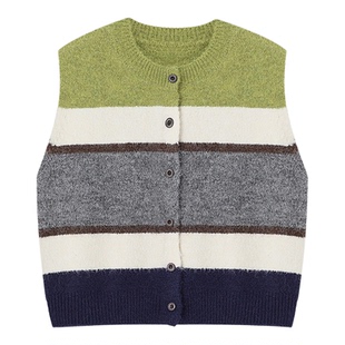 Basic House/百家好撞色条纹针织马甲女春季新款圆领无袖毛衣背心