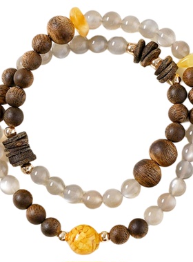 【安神助眠】灰月光石沉香蜜蜡手串范李李助眠有钱花双圈水晶手链