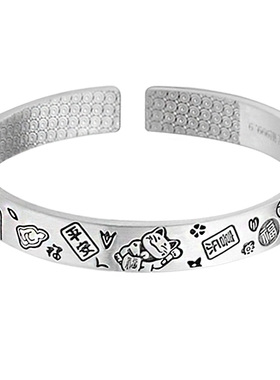 9999纯银手镯招财猫古法平安喜乐吉言足银镯子小众年轻款女生礼物