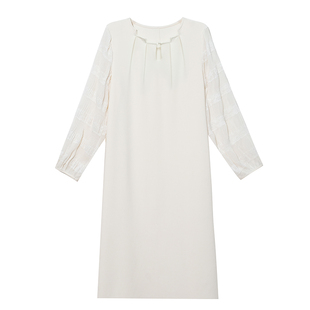 柒院家大码女装拼接圆领长袖连衣裙2026春季款宽松遮肉显瘦中长裙