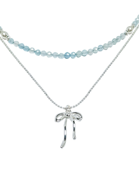 海蓝宝串珠蝴蝶结项链女可叠戴