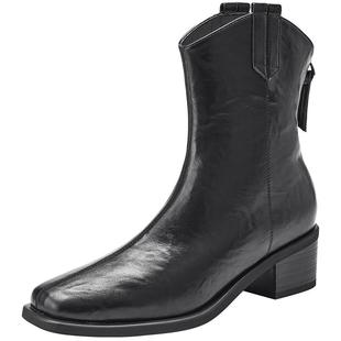 热风西部牛仔靴女2025年冬季新款复古V口短靴百搭时装靴子女鞋