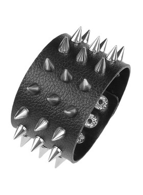 尖刺铆钉荔枝纹贴皮黑色朋克手链