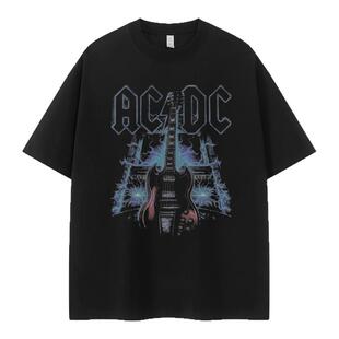 AC/DC乐队复古美式街头小众设计感vtg落肩宽松纯棉摇滚短袖T恤衫