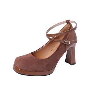 棕色粗跟高跟鞋女款夏季交叉带包头凉鞋厚底防水台方头玛丽珍单鞋