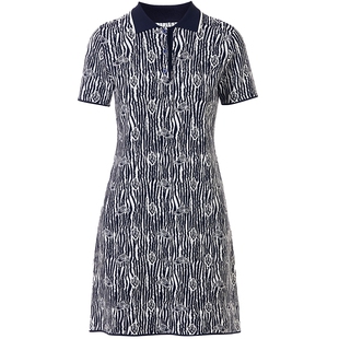 LANCY/朗姿2025春新款设计感印花复古Polo领收腰短袖短款连衣裙女