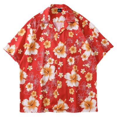 复古红色满印短袖夏威夷风衬衣