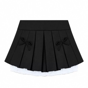 大码蕾丝花边蓬蓬半身裙女夏设计感灰色蝴蝶结百褶裙高腰a字短裙