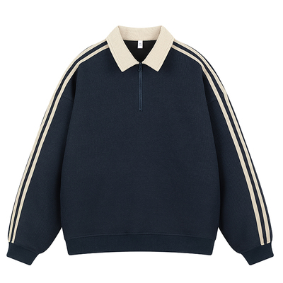 美式复古三条杠半拉链polo领卫衣
