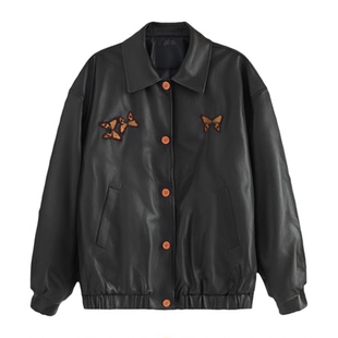 绿色美式复古蝴蝶刺绣pu皮衣外套女春季新款宽松显瘦夹克开衫上衣