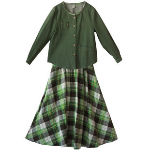 【先行者】文艺绿色牛仔棉外套格子半身裙两件套装女2026春季新款