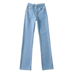 春夏浅蓝色高腰微喇叭牛仔裤女显瘦显臀弹力复古拖地牛仔长裤薄款