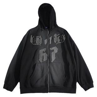 UUCSCC嘻哈宽松连帽开衫外套美式复古VTG拉链帽衫oversize卫衣男