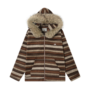 丛林老虎可拆卸毛领条纹针织衫男女春季新款宽松休闲情侣开衫毛衣