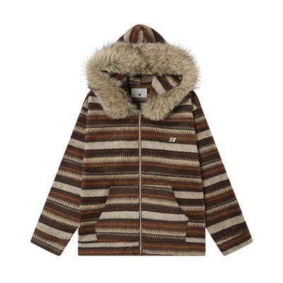 丛林老虎可拆卸毛领条纹针织衫男