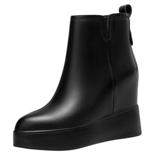 10cm内增高粗跟坡跟超高跟厚底尖头侧拉链短靴子女真皮时尚马丁靴