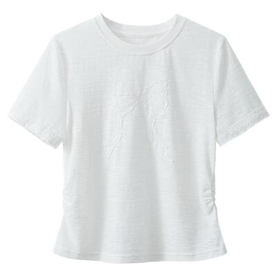 夕蒙2026新款夏季韩系独特上衣镂空设计感圆领蝴蝶结白色短袖t恤