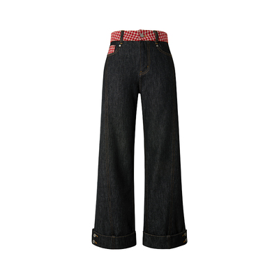 Uena格纹翻边休闲直筒原色牛仔裤