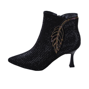 秀气尖头满钻高跟短靴女细跟冬天配裙子的鞋子秋冬加绒二棉温柔款