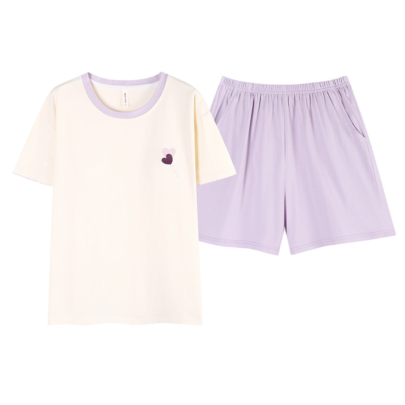 夏季纯棉女紫色爱心亲肤睡衣套装