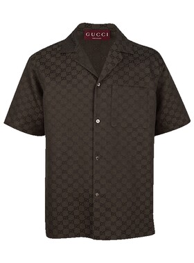 Gucci/古驰帆布亚麻短袖衬衫男士