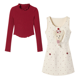 织物猪 波点小狗 甜美风白色波点背心裙女秋冬可爱新年穿搭连衣裙