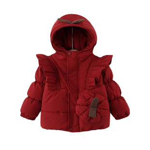 一周岁半女宝宝红色棉服加绒加厚女童冬装外套洋气公主南瓜包棉衣