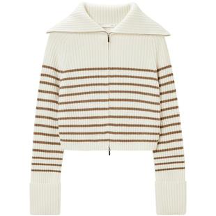 OVVOutlet秋冬新款女装羊毛羊绒条纹大翻领休闲感短款针织外套