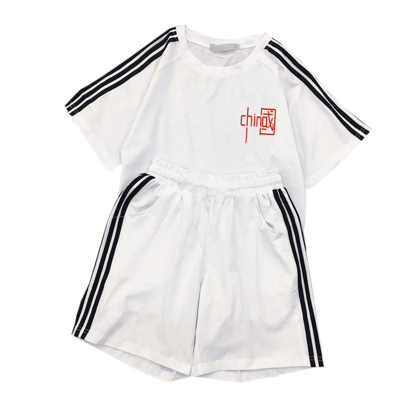 运动跑步服套装女夏季短袖+短裤大码宽松胖MM休闲时尚两件套ins潮