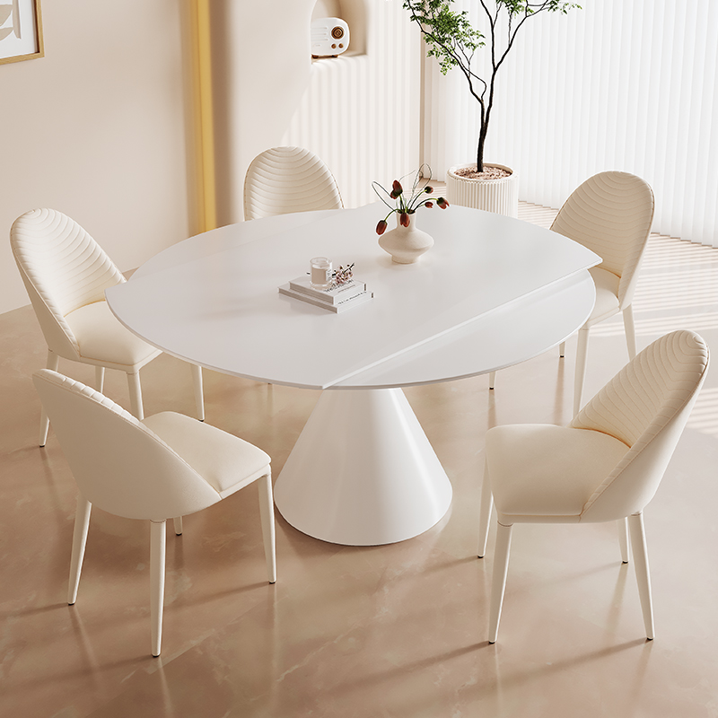 法式奶油风圆形岩板餐桌椅现代简约家用小户型伸缩旋转可变圆饭桌