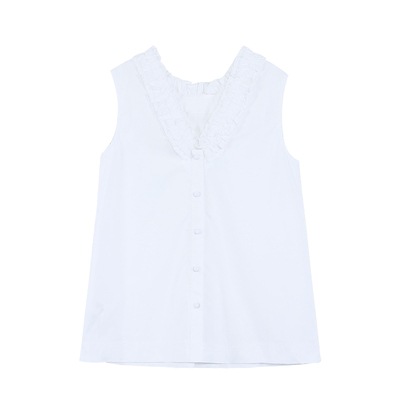 pusumede两面穿v领/圆领木耳边无袖衬衫女法式气质设计感宽松上衣