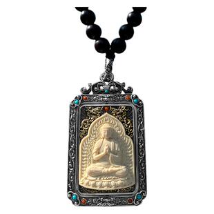 原创莲花法轮本命佛黄财神绿度母佛牌纯银吊坠黑檀木旋转方牌项链