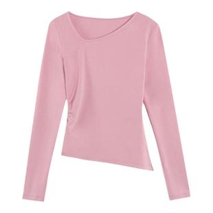 MULVAN【现货7折】v领设计感针织上衣女修身褶皱收腰外穿长袖t恤