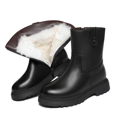 羊毛妈妈真皮女式中筒平底棉靴