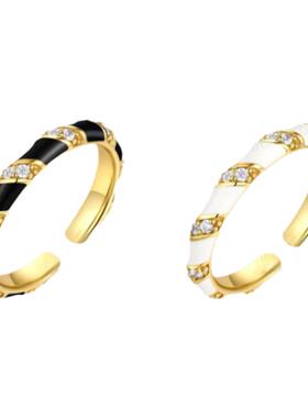 奶泥MILKMUD/黑白滴油珐琅女戒中古风宫廷风锆石小众手工开口戒指