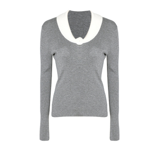 DPLAY含羊绒灰色针织衫翻领拼接撞色上衣女修身打底衫花朵毛衣