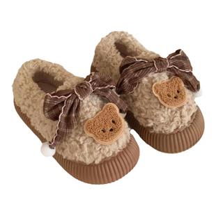 细细条 新款可爱小熊面包鞋韩系蝴蝶结百搭冬季外穿羊羔毛棉鞋女