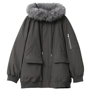 CV大码女装 2025冬季新款宽松连帽拼接毛领工装夹克棉服外套胖MM