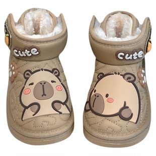 男童短筒大棉鞋冬季加绒加厚儿童低帮雪地靴男孩皮面防水保暖男宝